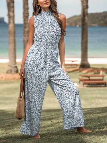 Women Floral Summer Maxi Jumpsuit with Pocket Mock Neck Elastic Waist Wide Leg Business Wedding Casual Holiday Dressy