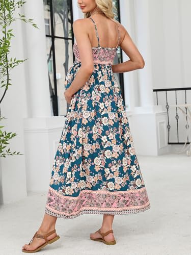 Maternity Maxi Dresses Floral Square Neck Smocked Baby Shower Ruffled Flowy Fashion Casual Summer Pregnancy Dress