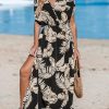 51Ny9u-l80L.jpg Women's Plunging V Neck Dress Tropical Leaves Print Dresses Short Sleeve Split Hem Maxi Dress