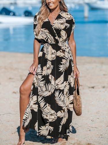 51Ny9u-l80L.jpg Women's Plunging V Neck Dress Tropical Leaves Print Dresses Short Sleeve Split Hem Maxi Dress