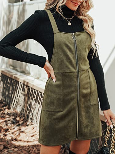 Faux Suede Mini Fall Dresses for Women Square Neck Pull Ring Zipper Front Pockets Wide Straps Casual Autumn Dress
