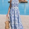 Women's Midi Dress Halter Paisley Sleeveless Cutout Waist Long Beach Boho Summer Dress