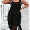 Women's Plus Size Boho Summer Fringe Trim Sleeveless Tank Dress Beach Vacation Midi Dresses