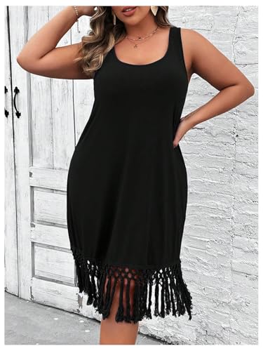 Women's Plus Size Boho Summer Fringe Trim Sleeveless Tank Dress Beach Vacation Midi Dresses
