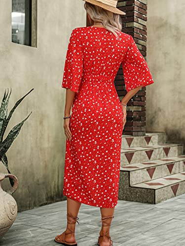 51OhOKXy1zL.jpg Women's Half Sleeve Floral Print Wrap Dress Boho V Neck Flowy A Line Midi Dresses