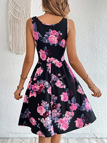 51OkL7WUyGL.jpg Women's Boho Floral Print Scoop Neck Tank Dress Summer Ruffle A Line Knee Length Dresses