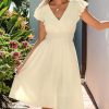 51OvvRPX-KL.jpg Women's Dress V Neck Flutter Sleeve Smocked Short A Line Casual Summer Knee Length Dress