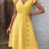 Women's Sleeveless Ruffle Trim V Neck Wrap Dress Button Front A Line Knee Length Dresses