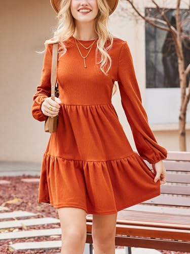 Women's Mini Fall Dresses Knit Casual Long Sleeve Crew Neck Flowy Tiered Ruffled Short Sweater Dress