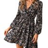 Women Floral Ruffle Summer Dress Surplice V Neck Long Peasant Sleeve Elastic Waist Flowy Casual Holiday Mini Dress