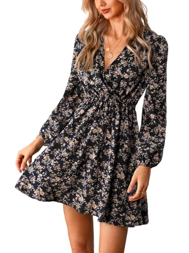 Women Floral Ruffle Summer Dress Surplice V Neck Long Peasant Sleeve Elastic Waist Flowy Casual Holiday Mini Dress