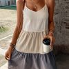 Women's Spaghetti Strap Color Block Cami Dress Causal Summer Tunic Ruffle Hem Short Dresses