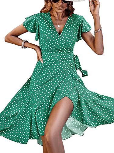 51QPWuBtHL.jpg Women's Polka Dots Short Sleeve V Neck Wrap Dress Tie Side Ruffle Midi Dresses