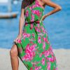 Women's Midi Dress Halter Floral Sleeveless Belted Ruffled A Line Casual Summer Dress