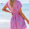 Women's Swimsuit Coverup Casual V Neck Beach Dress Short Sleeve Elastic Waist Swimwear Cover Ups 2025 Beachwear