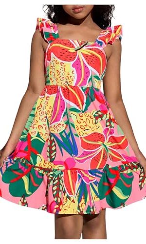 Girl's Summer Dresses Square Neck Ruffle Sleeveless Vacation Short Flared Dress