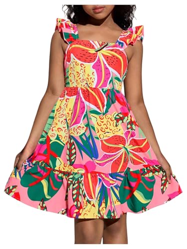 51SHoyuu9NL.jpg Girl's Summer Dresses Square Neck Ruffle Sleeveless Vacation Short Flared Dress