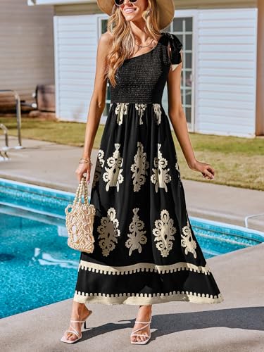 Women's Smocked One Shoulder Summer Dresses Sleeveless Vacation Maxi Dress Long Beach Sundress
