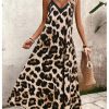 51SwtwnwkAL.jpg Women's Leopard Print Maxi Dress V Neck Spaghetti Strap Flowy Long Vacation Summer Dresses
