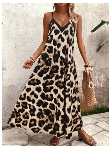 51SwtwnwkAL.jpg Women's Leopard Print Maxi Dress V Neck Spaghetti Strap Flowy Long Vacation Summer Dresses