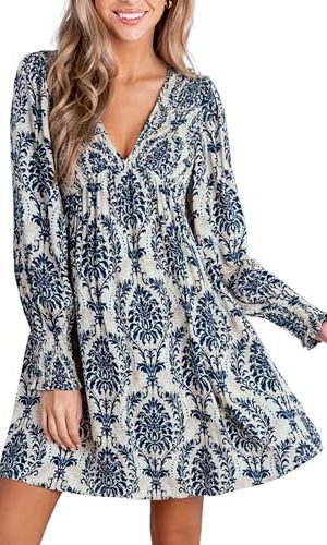 51T76JHymL.jpg Women's Mini Dress Smocked V Neck Long Sleeve Empire Waist Casual A Line Dress