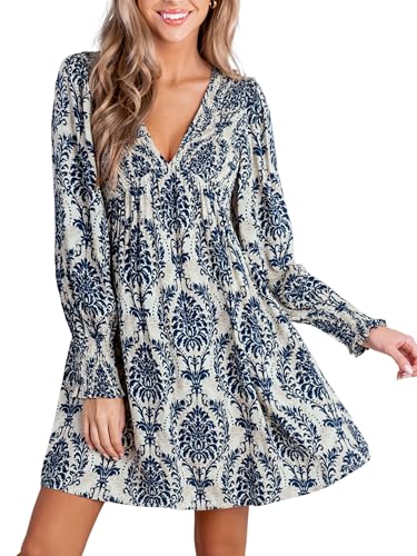 51T76JHymL.jpg Women's Mini Dress Smocked V Neck Long Sleeve Empire Waist Casual A Line Dress