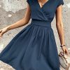 51TBwgYLUyL.jpg Women's Short Batwing Sleeve Cross Wrap V-Neck A-line Casual Swing Dress Plain Shirred Flared Short Dress