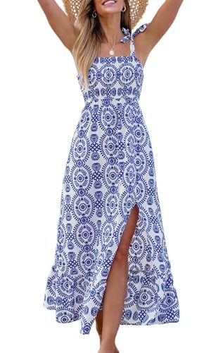 Women's Maxi Dress Casual Smocked Straps Paisley Ruffled Slit A Line Long Beach Summer Dress