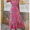 Women's Summer Dress Boho Floral Ruffle Sleeve V Neck Flowy Beach Maxi Dresses