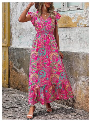 Women's Summer Dress Boho Floral Ruffle Sleeve V Neck Flowy Beach Maxi Dresses