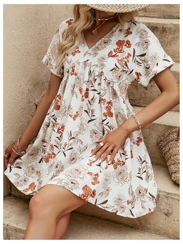 Women's Floral Print Ruffle Mini Dresses Dolman Short Sleeve V Neck Vacation Boho Dress
