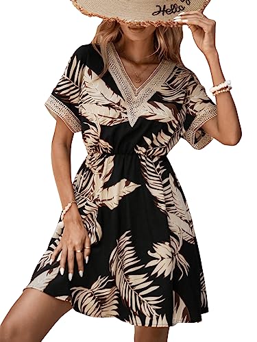 51V8R7-RsYL.jpg Women's Floral Print Short Sleeve V Neck Dress Casual Summer Lace Trim A Line Short Dresses