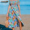 Women's Off The Shoulder Ruffled Short Sleeve Smocked Paisley Beach Midi Dress