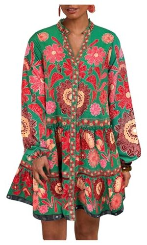 Women's Floral Print Summer Short Dresses Boho Beach Long Sleeve Button Down Flowy Smock Dress