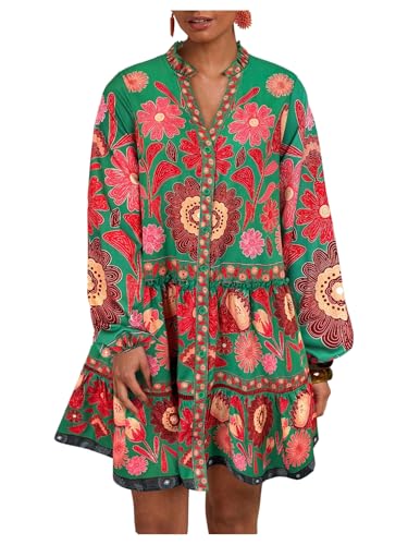 51VJyyhjnL.jpg Women's Floral Print Summer Short Dresses Boho Beach Long Sleeve Button Down Flowy Smock Dress