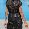 Women Crochet Swim Coverups Short Sleeve Drawstring Beach Coverups Dress