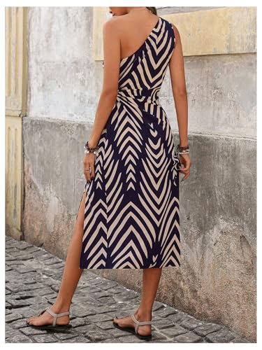 Women's Summer Printed One Shoulder Dress Cut Out Split Hem Flowy Midi Dresses