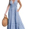 51WH3g66OTL.jpg Women's Plunging V Neck Sleeveless Floral Boho Backless Ruffled Beach Summer Maxi Dresses with Pockets