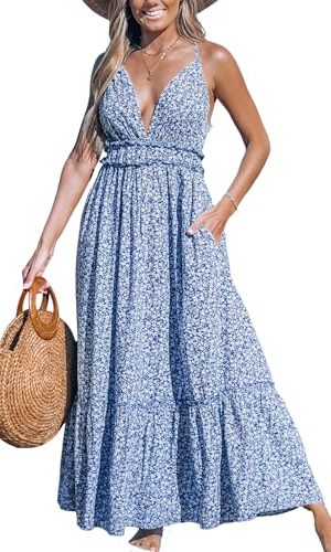 51WH3g66OTL.jpg Women's Plunging V Neck Sleeveless Floral Boho Backless Ruffled Beach Summer Maxi Dresses with Pockets