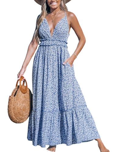 51WH3g66OTL.jpg Women's Plunging V Neck Sleeveless Floral Boho Backless Ruffled Beach Summer Maxi Dresses with Pockets