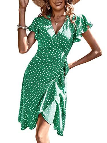 51WRIiJ2KeL.jpg Women's Polka Dots Short Sleeve V Neck Wrap Dress Tie Side Ruffle Midi Dresses