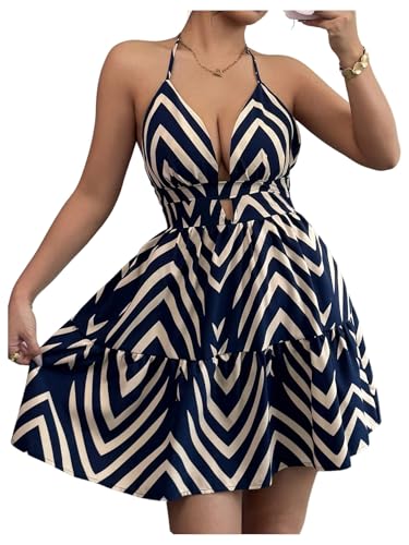 Women's Summer Printed Halter Cami Dress Sleeveless Tie Backless Ruffle Hem Flowy Vacation Short Dresses