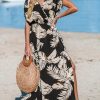 51WjXsEWlcL.jpg Women's Plunging V Neck Dress Tropical Leaves Print Dresses Short Sleeve Split Hem Maxi Dress
