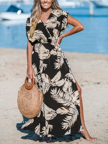 51WjXsEWlcL.jpg Women's Plunging V Neck Dress Tropical Leaves Print Dresses Short Sleeve Split Hem Maxi Dress
