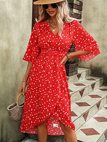 51X3WEmu7L.jpg Women's Half Sleeve Floral Print Wrap Dress Boho V Neck Flowy A Line Midi Dresses