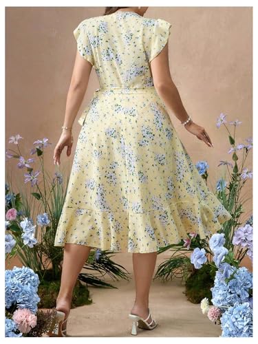 Women's Plus Size Floral Print A Line Midi Dress Cap Sleeve Wrap Ruffle Boho Summer Dresses