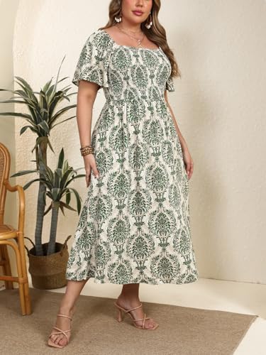 51Y8oo5a3rL.jpg Women's Plus Size Casual Summer Midi Dress Square Neck Short Sleeves Smocked Waist with Pockets