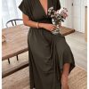 Women's Plus Size Deep V Neck Maxi Dress Short Sleeve Split Hem Flowy Summer Dresses