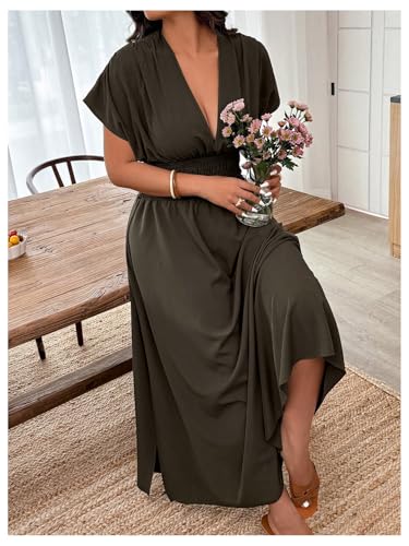 Women's Plus Size Deep V Neck Maxi Dress Short Sleeve Split Hem Flowy Summer Dresses