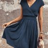 51Ym-T54F5L.jpg Women's Short Batwing Sleeve Cross Wrap V-Neck A-line Casual Swing Dress Plain Shirred Flared Short Dress